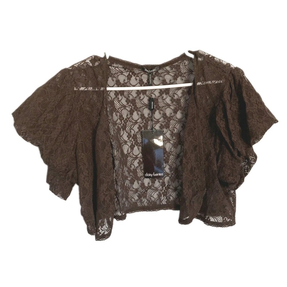 Daisy Fuentes Blouse Womens 1X Brown Lace Sheer Flutter Sleeve Cropped Nylon NWT